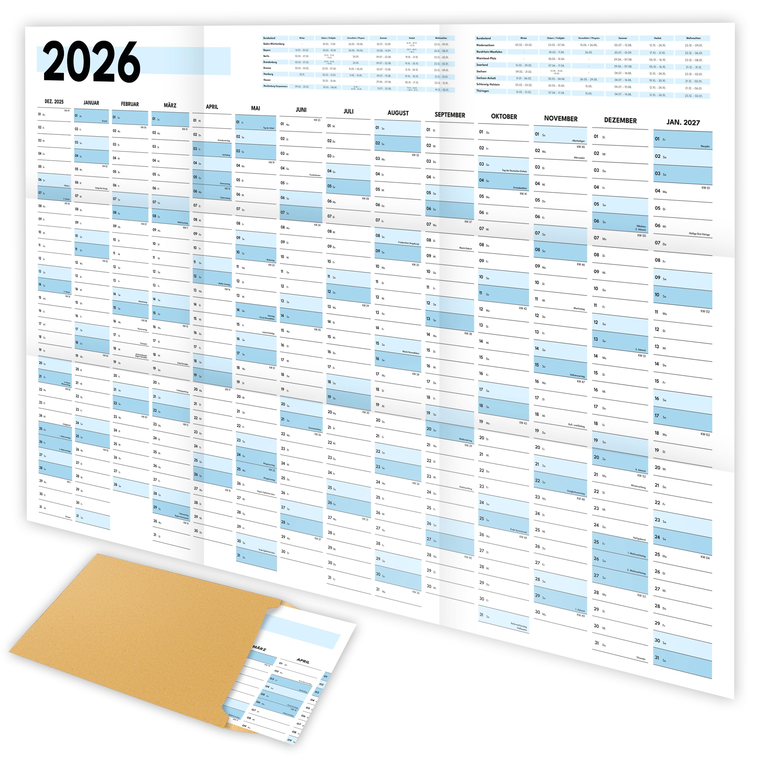 XXL Wandkalender 2026 Groß - Jahresplaner für Büro und Zuhause - 90x60cm Jahreskalender mit Ferienübersicht und 14 Monat