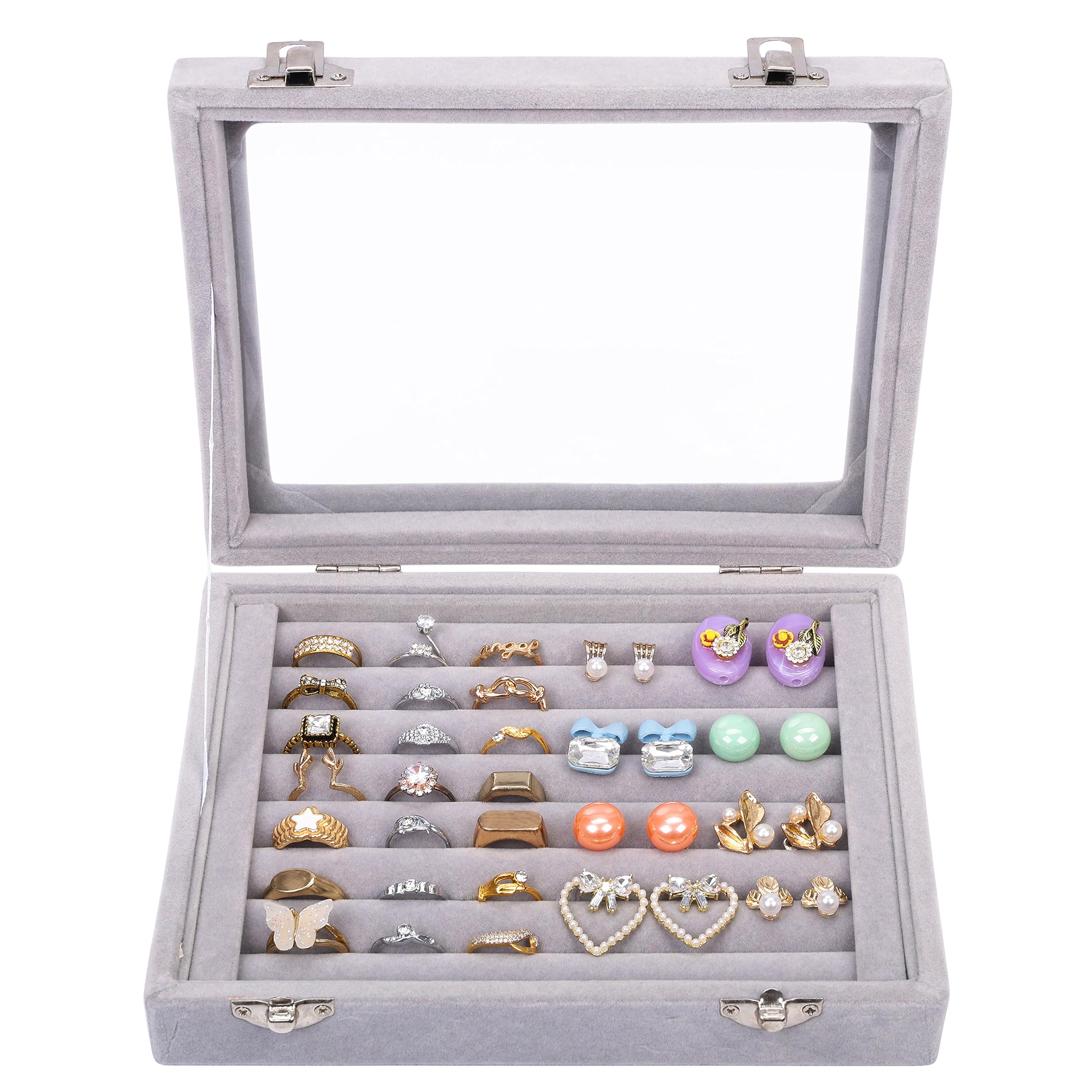Kurtzy Jewelry Organizer - Ring Aufbewahrung | Samt Box mit Glas Deckel & 7 Schlitze - Schmuckaufbewahrung für Schmuck &